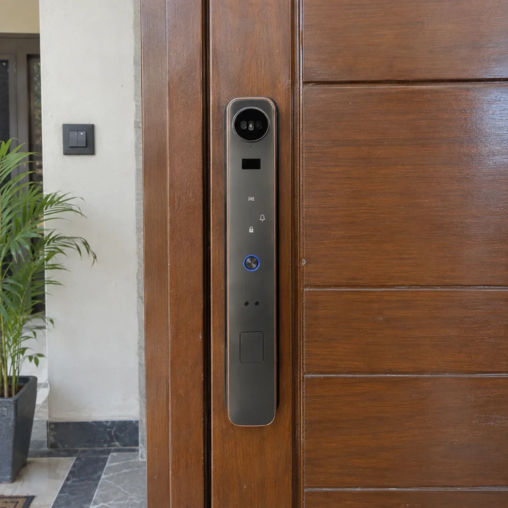ZEKI smart door lock installed on wooden door