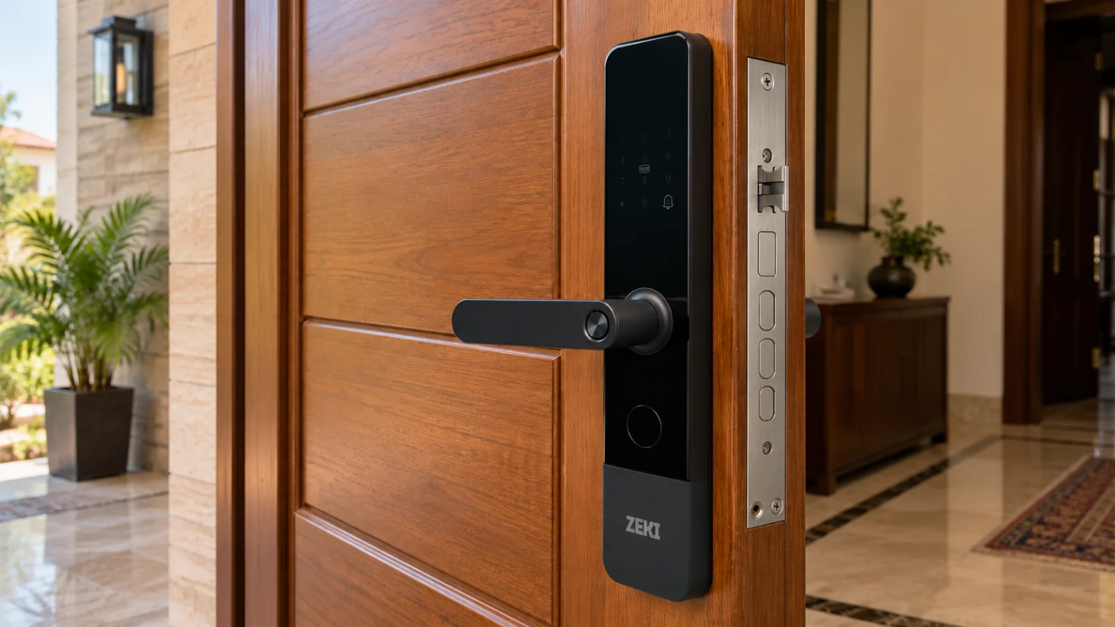 Smart lock door compatibility guide showing door type thickness mortise and opening direction