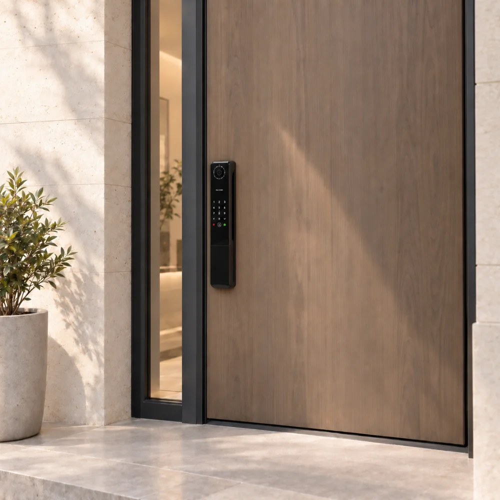 Clean architectural lifestyle shot showing the S1 installed on a premium modern entrance.