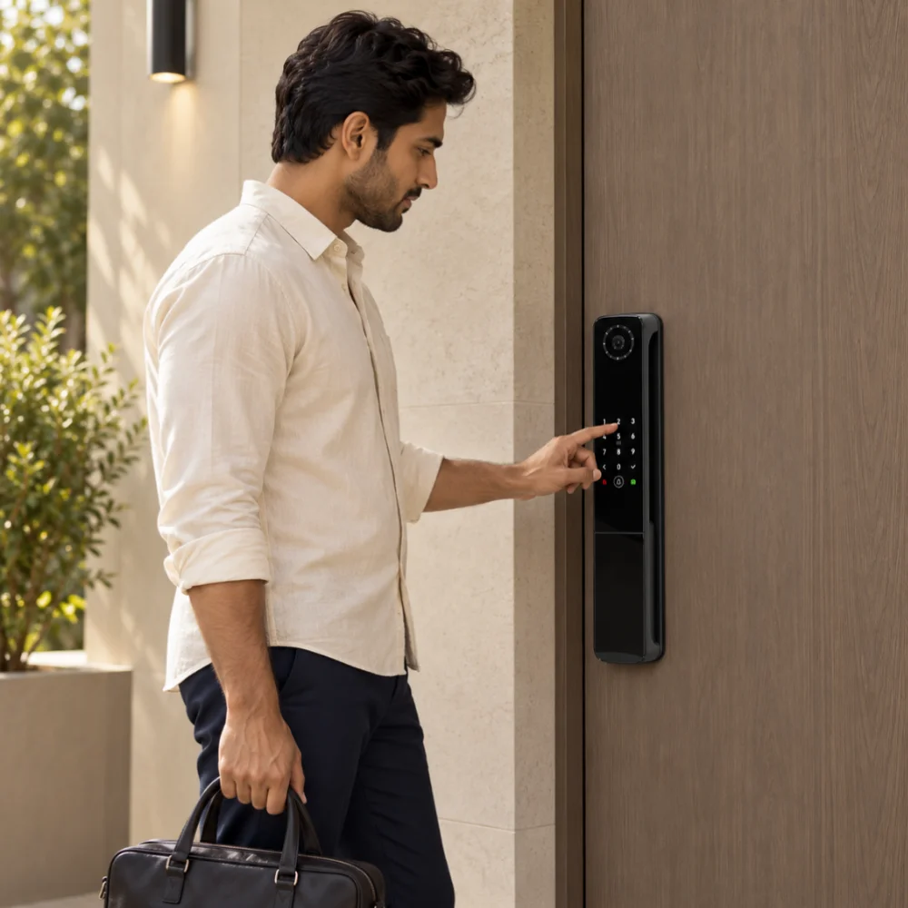 Person arriving home and unlocking the S1 naturally at the front door.