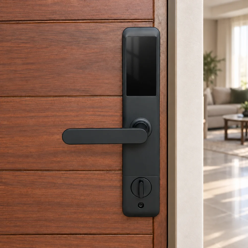 ZEKI X1 fingerprint smart door lock installed on a wooden door